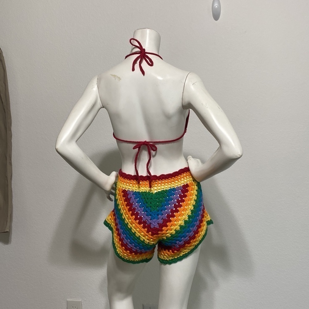 Hand Crochet “NEW” 70’s Coachella Festival Pride Multicolor Short Set Size S - Picture 3 of 5